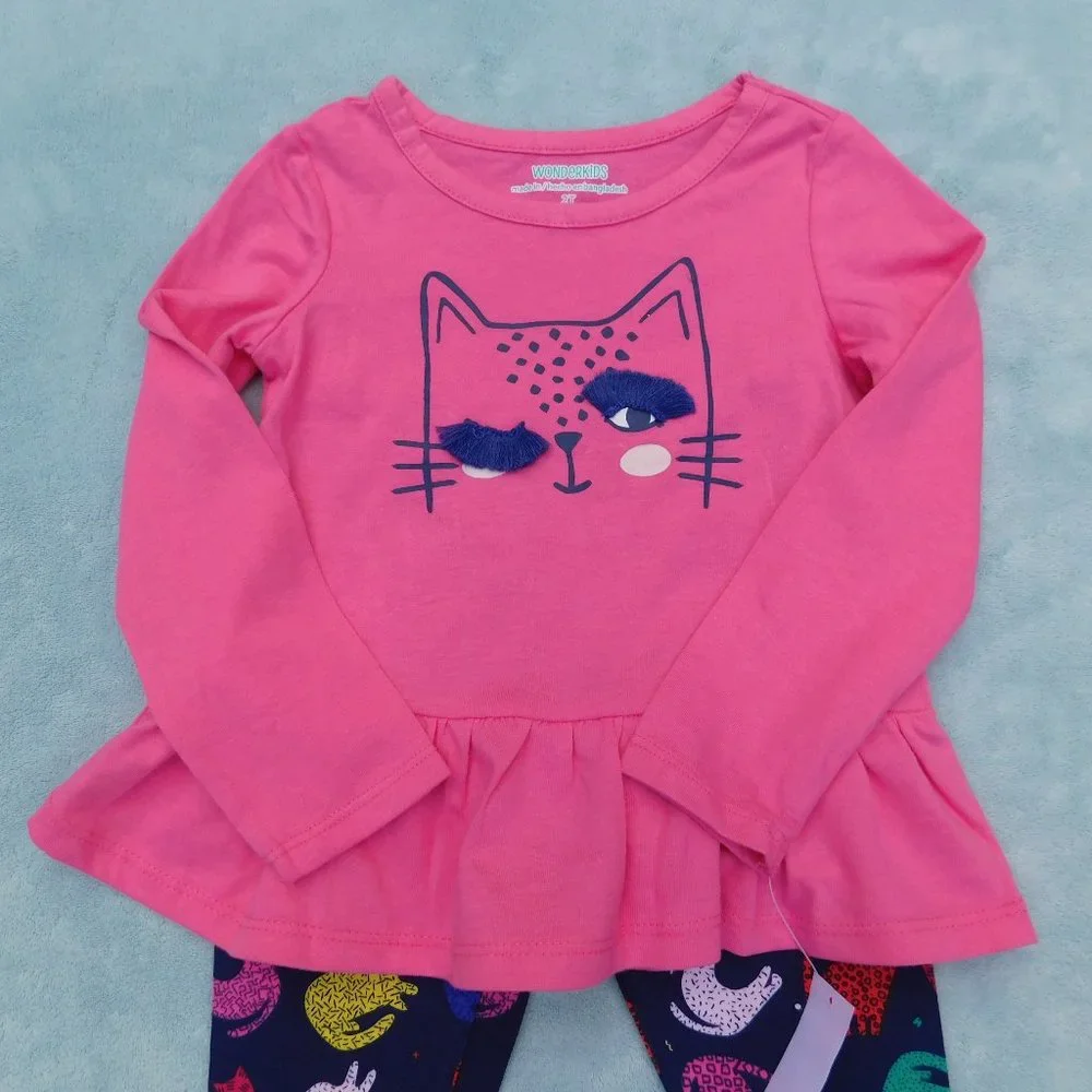 Wonderkids 2T Cute Embellished Peplum Cat Top with Matching Pants NWT